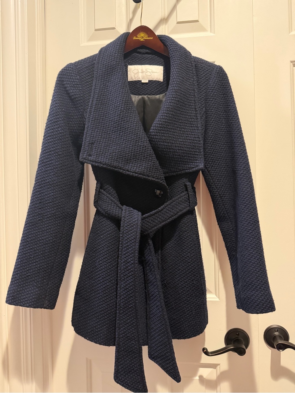 Jessica Simpson Navy Basket Weave Wool Blend Belted Wrap Coat S
